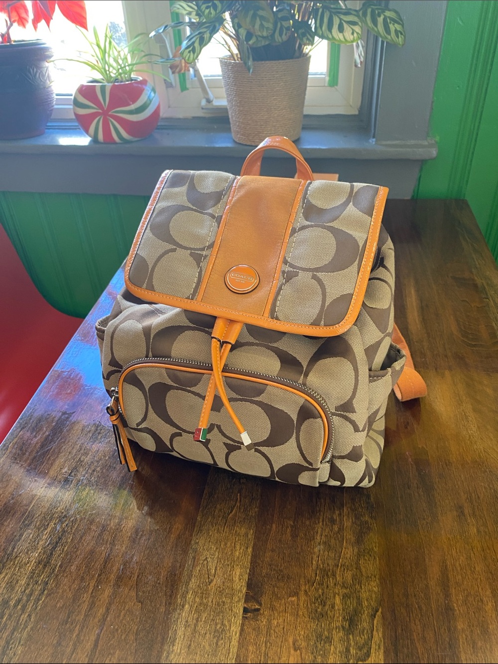 Coach Brown Signature Canvas Backpack with Orange Trim